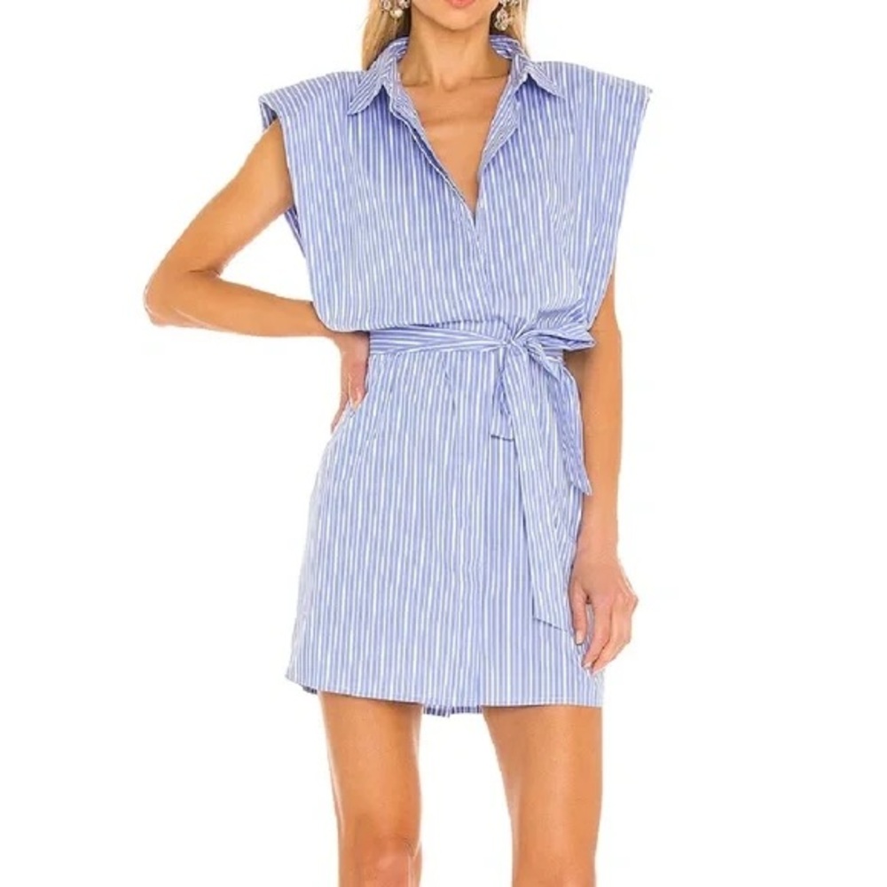 Stripe Shoulder Pad Shirt Dress in Blue Stripe